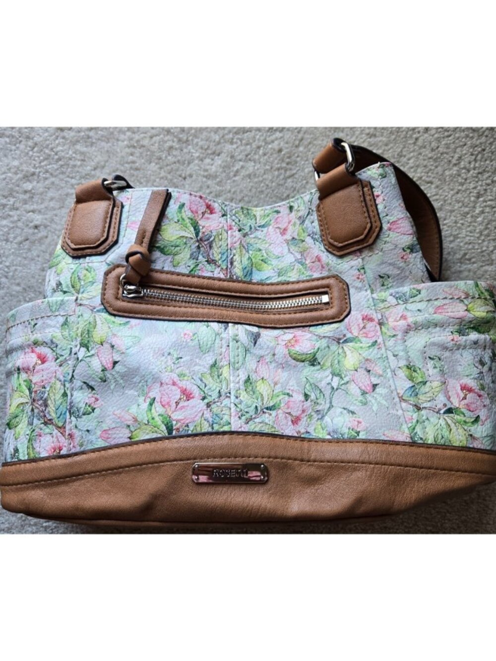 Rosetti Pink Floral Handbag Purse Bag 3 sections Pockets Inside, Sides and Front